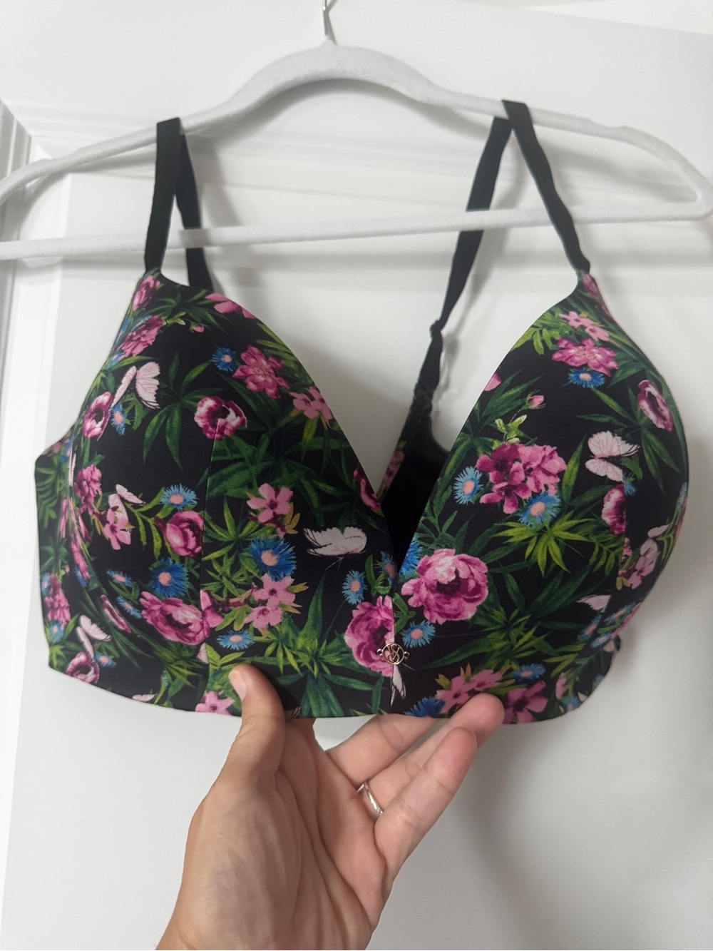 Victoria's Secret Black Floral Push-Up Bra with Pink & Green Print